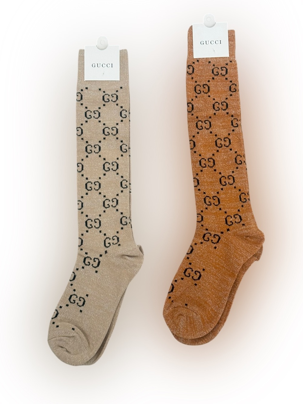 Gucci Women’s Outlet GG Pattern Crew Socks - Beige and Gold